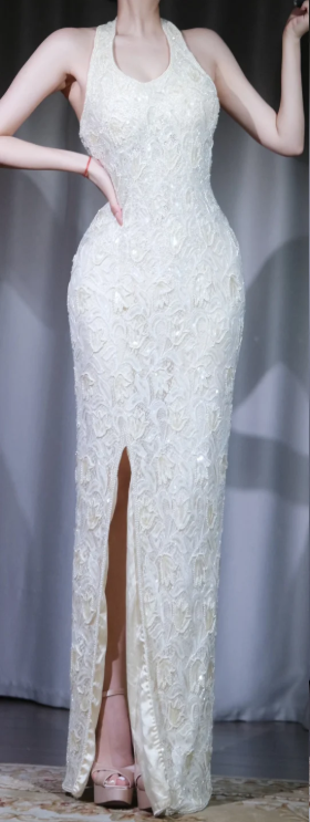 ✨Girlhomeshops-Ivory Halter 3D Floral Lace High Slit Mermaid Long Formal Dress gh10012