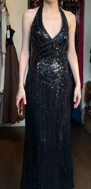 Black Halter Deep V Sequin Pleated Sheath Long Evening Prom Dress gh9772
