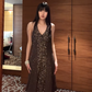 Dark Brown Vintage Sequin Halter Fitted Waist Luxury Prom & Evening Party Dress gh8395