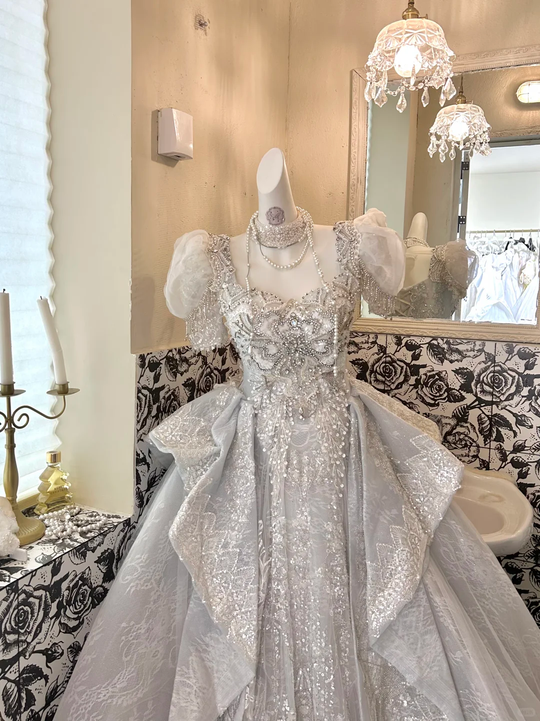 Silver Gray Puff Sleeve Waist-Cinched Voluminous Princess Skirt Long Romantic Dress, Wedding Gown gh7705