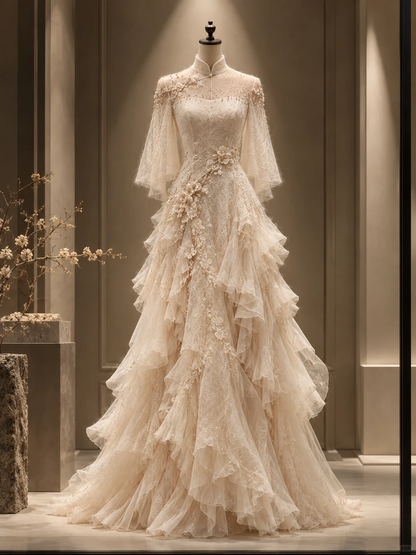 ✨Girlhomeshops-Dreamy Champagne Tiered Ruffle Lace A-Line Qipao Bridal Gown gh10332