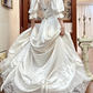 White Vintage Satin Ball Gown Wedding Prom Dress, Mock Two‑Piece Lace High Neck V‑Neck, Puff 3/4 Sleeves, Satin Bows, Double‑Layer Lace Hem gh8697