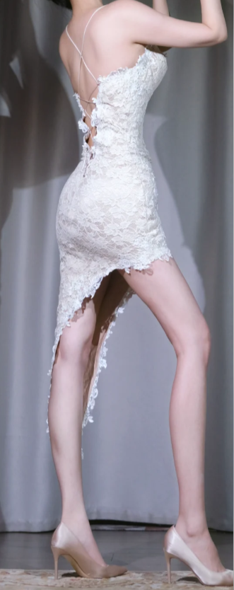 ✨Girlhomeshops-Spaghetti Strap White Lace Evening Gown Sweetheart Asymmetric High Low Party Dress gh10037