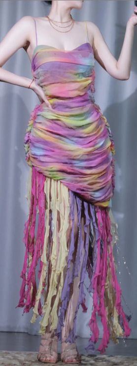✨Girlhomeshops-Rainbow Ombre Party Dress Spaghetti Strap Sweetheart Ruched Colorful Fringe Chiffon Evening Gown gh10068