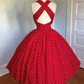 Red White Polka Dot 1950s Vintage Midi Dress, Square Neck Halter Strap Sleeveless High Waist Gathered Full Swing Skirt Cocktail Gown gh9090