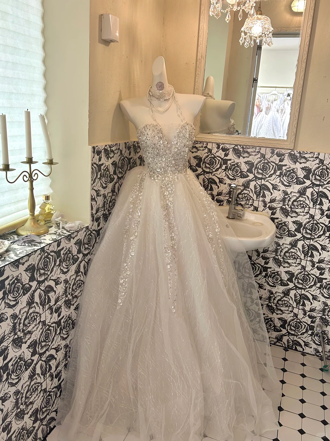 Ivory Strapless Rhinestone Waist-Cinched Full Flared Skirt Long Romantic Dress, Wedding Gown gh7765