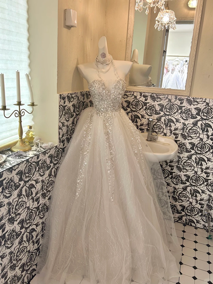 Ivory Strapless Rhinestone Waist-Cinched Full Flared Skirt Long Romantic Dress, Wedding Gown gh7765