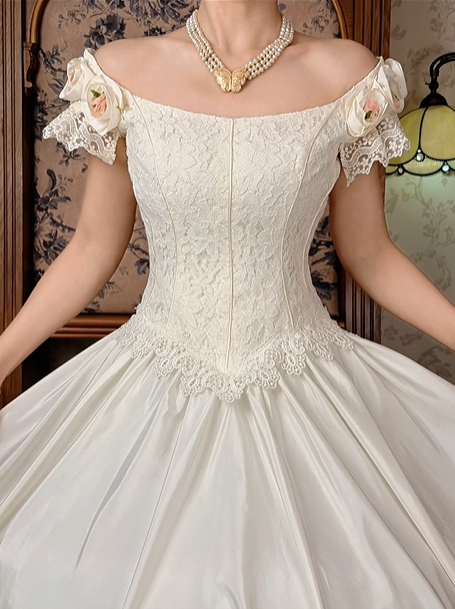 Off‑White Off‑the‑Shoulder Fitted Waist Lace Figure‑Flattering Elegant Voluminous Princess Skirt Long Prom Gown, Wedding Dress gh8602