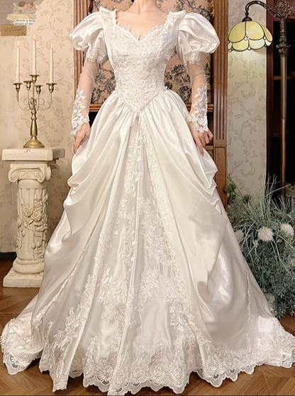 Off‑White Long Puff Sleeve Lace Fitted Waist Figure‑Flattering Full Flared Skirt Long Vintage Prom Gown, Wedding Dress gh8603