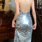 Silver Grey Leopard Beaded Halter Mermaid Long Evening Gown Cutout Prom Dress gh9846