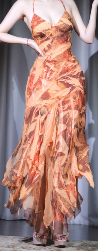 ✨Girlhomeshops-Orange Floral Print Spaghetti Strap Mermaid Prom Dress Backless Ruffled Chiffon Evening Gown gh9955