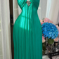 Emerald Green Halter V-Neck Pleated Chiffon Long Evening Dress, Rhinestone Detail Prom Gown gh9512