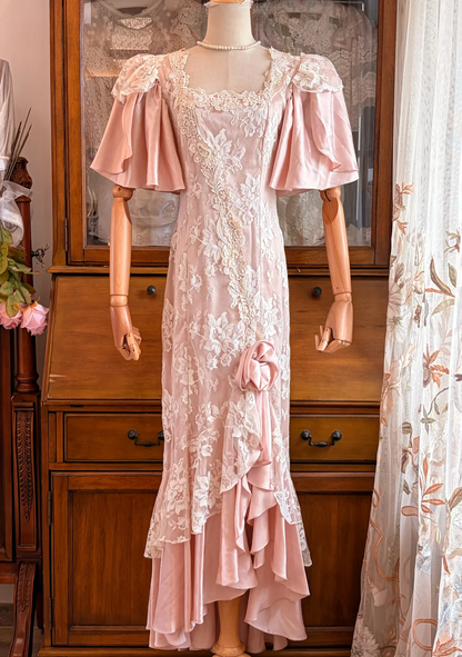 Dusty Pink Vintage Mermaid Long Gown, Lace Applique Flutter Sleeve Formal Dress gh9293