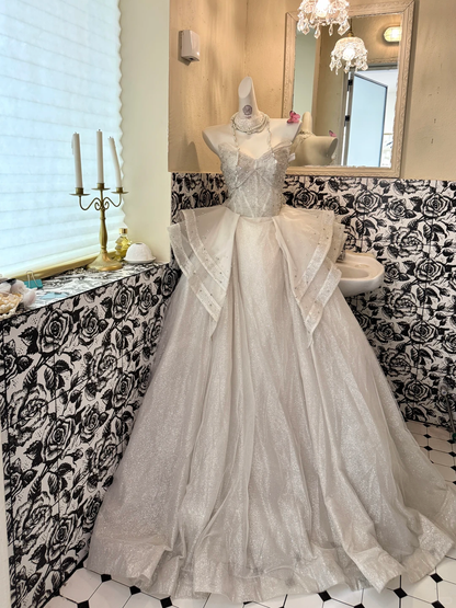 Ivory Strapless Waist-Cinched Rhinestone Puffy Long Skirt Romantic Dress, Wedding Gown gh7531