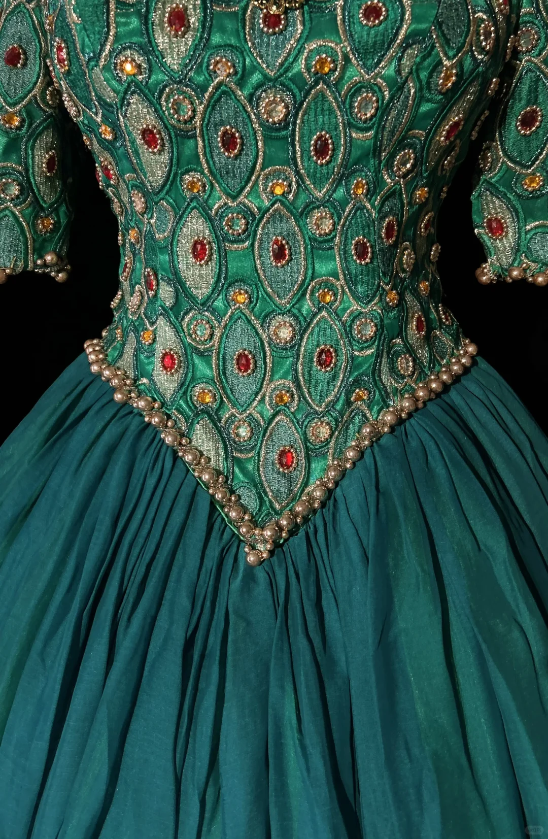 Square Neck Peacock Green Rococo Ball Gown Half Sleeve Colorful Gem Beaded Formal Dress for Prom gh9540