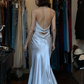 Light Silver Halter V Neck Wrap Satin Mermaid Long Evening Prom Dress with Ruffle Sash gh9755