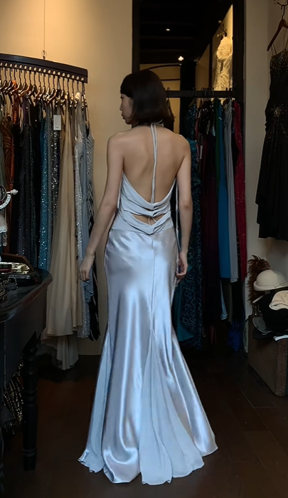 Light Silver Halter V Neck Wrap Satin Mermaid Long Evening Prom Dress with Ruffle Sash gh9755