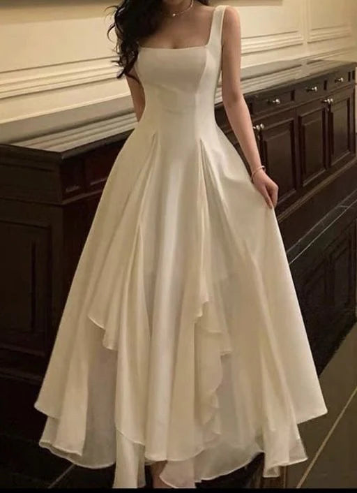 Robe de soirée longue en mousseline de soie, couleur unie, élégante, ligne A, col carré, longueur cheville, gh2737 gh2737