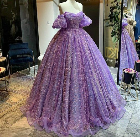 Lila glänzende Pailletten herzförmigen Hals langen Tüll Ballkleid Abendkleid Erwachsene Zeremonie Kleid gh3132