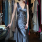 Slate Blue Satin Deep V Evening Gown Sleeveless Ruched Bodice Mermaid Long Prom Dress gh9719