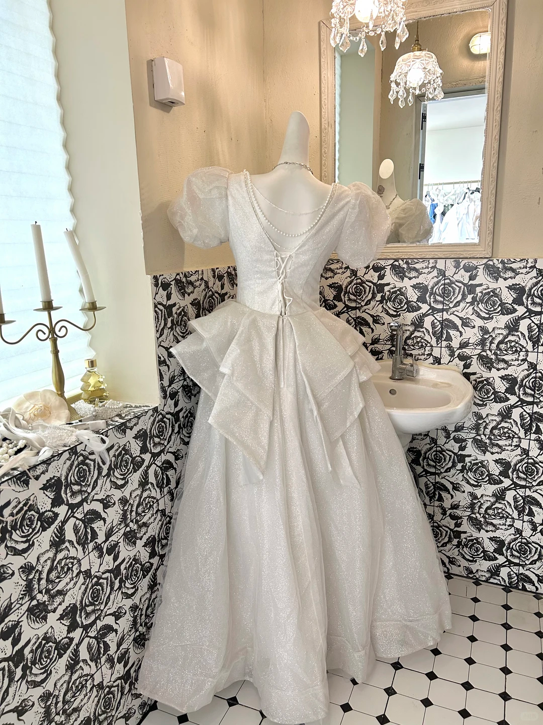 Ivory Puff Sleeve Waist-Cinched Voluminous Skirt Long Romantic Dress, Wedding Gown gh7698