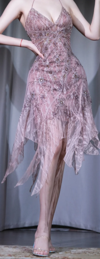 ✨Girlhomeshops-Spaghetti Strap Dusty Pink Beaded Lace Irregular Hem Evening Party Gown gh10042