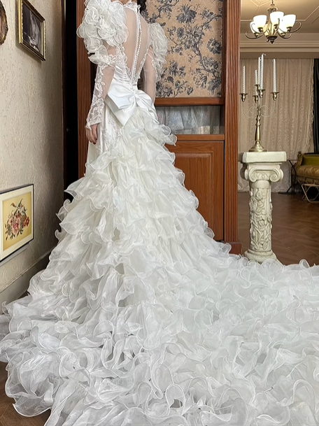 White Vintage Mermaid Wedding Gown, Mock Neck Illusion Tulle Sweetheart Neck, 3D Ruffle Puff Shoulders, Sheer Lace Long Sleeves, Embroidered Lace Appliqués Fitted Bodice, Multi‑Layer Ruffle Mermaid Long Train, Prom Dress gh8661