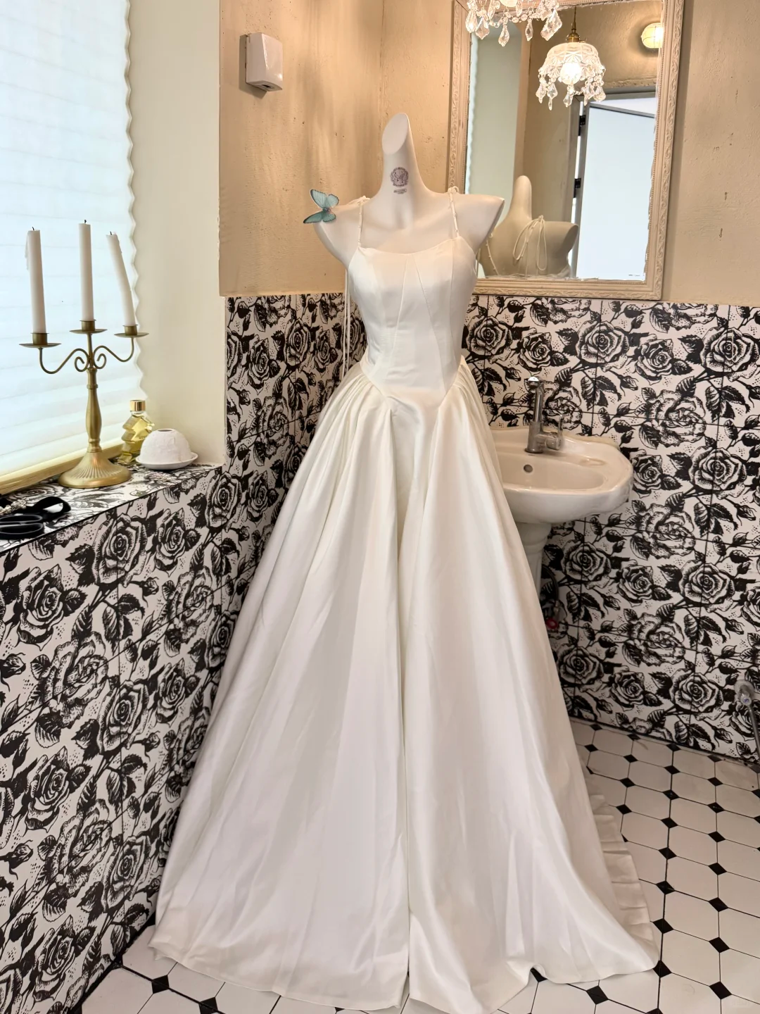 White Spaghetti Strap Waist-Cinched Fitted Full Flared Long Romantic Dress, Wedding Gown gh7546