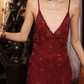Burgundy Floral Sequin Long Evening Gown Deep V Spaghetti Straps Mermaid Prom Dress gh9868