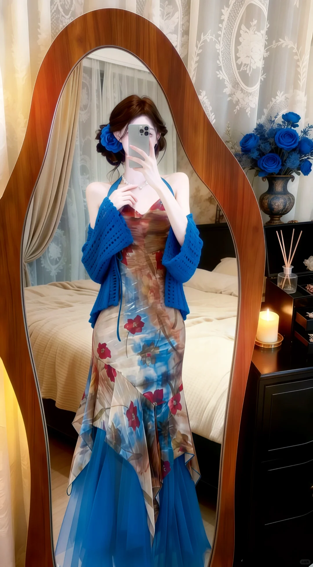 Halter V‑Neck Floral Print Evening Gown, Irregular Ruffle Skirt With Blue Knit Cardigan Prom Dress gh9136