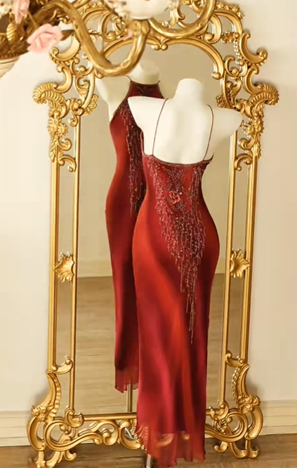 Burgundy Halter Mermaid Prom Dress Hand Beaded Fringe Bodice Long Vintage Evening Gown gh9598