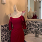 Burgundy Spaghetti Strap Off-the-Shoulder Waist-Cinched Fitted Elegant Romantic Dress, Wedding Gown gh7573