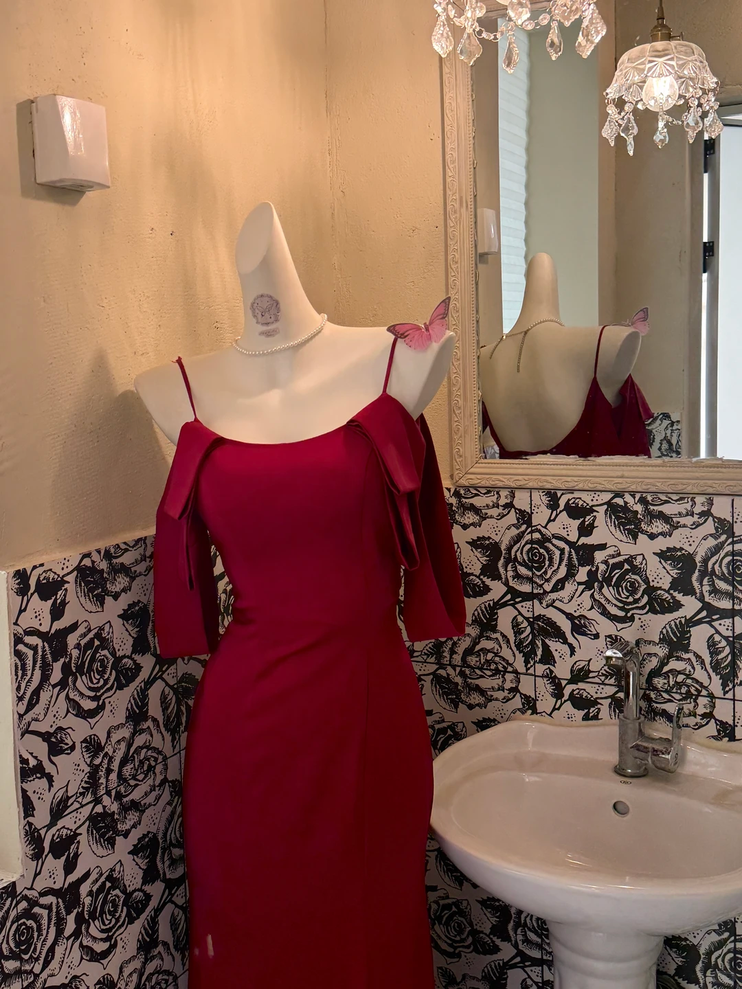 Burgundy Spaghetti Strap Off-the-Shoulder Waist-Cinched Fitted Elegant Romantic Dress, Wedding Gown gh7573