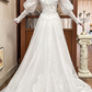 Ivory Vintage Tulle Wedding Prom Dress, V‑Neck Ruffled Lace Trim, Puff Lace Long Sleeves, Multi‑Tier Lace Bands, A‑Line Long Train gh8692