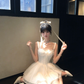 Women Dreamy White Wide Strap Homecoming Dress Heart Neck Bow Pearl Chain Boned Corset Multi-Layer Tulle Short Prom Gown gh9438