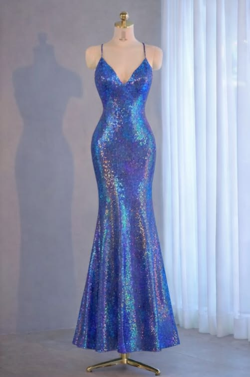 Sequined Spaghetti Straps Waist-Cinched Bodycon Sexy Mermaid Hem Evening Dress, Fairy Gown, Romantic Gown gh7455