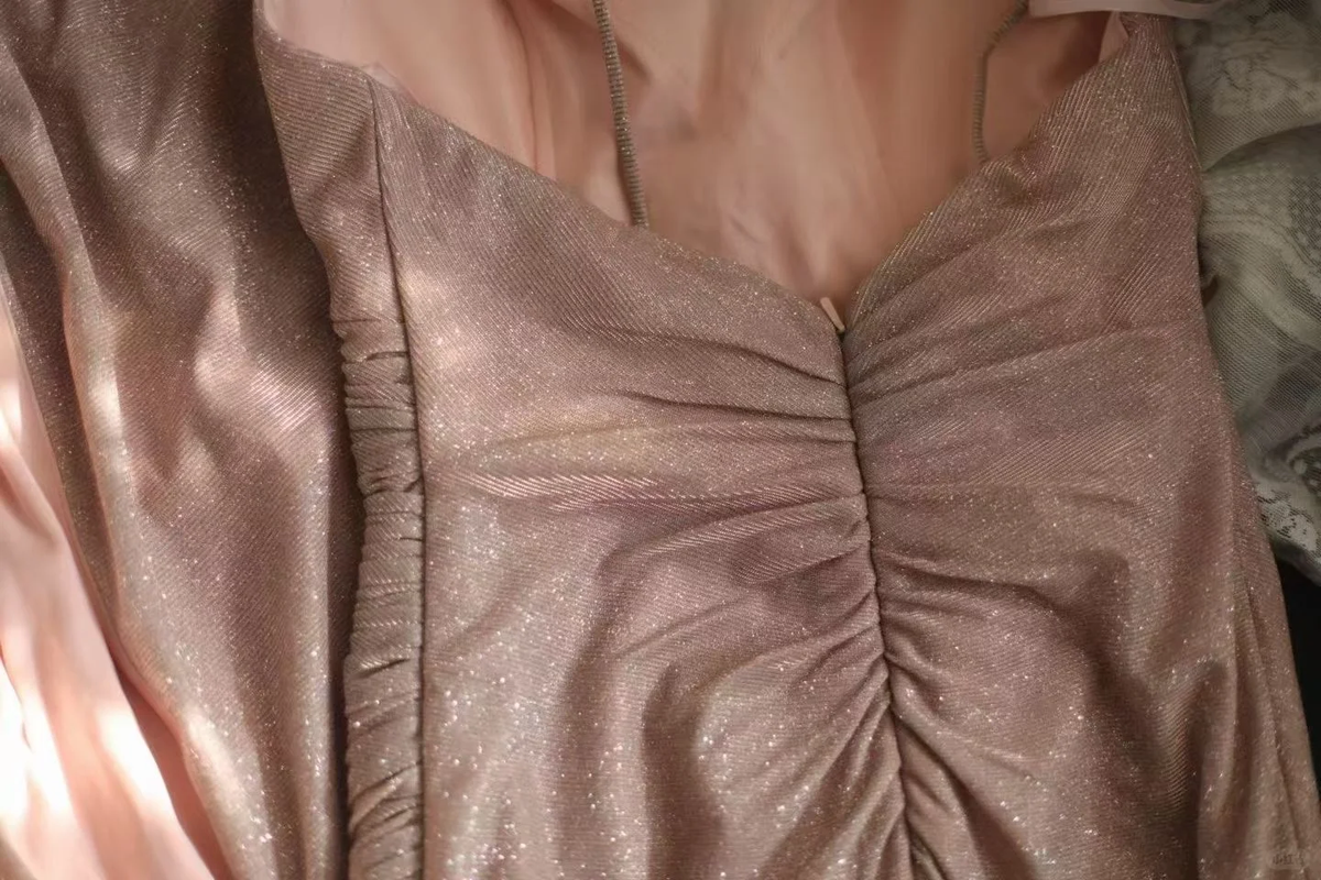 Dusty Rose Glitter Spaghetti Strap Mermaid Evening Gown, V‑Neck Cross Twist Bodice Side Ruched Fitted Long Formal Party Dress gh9111