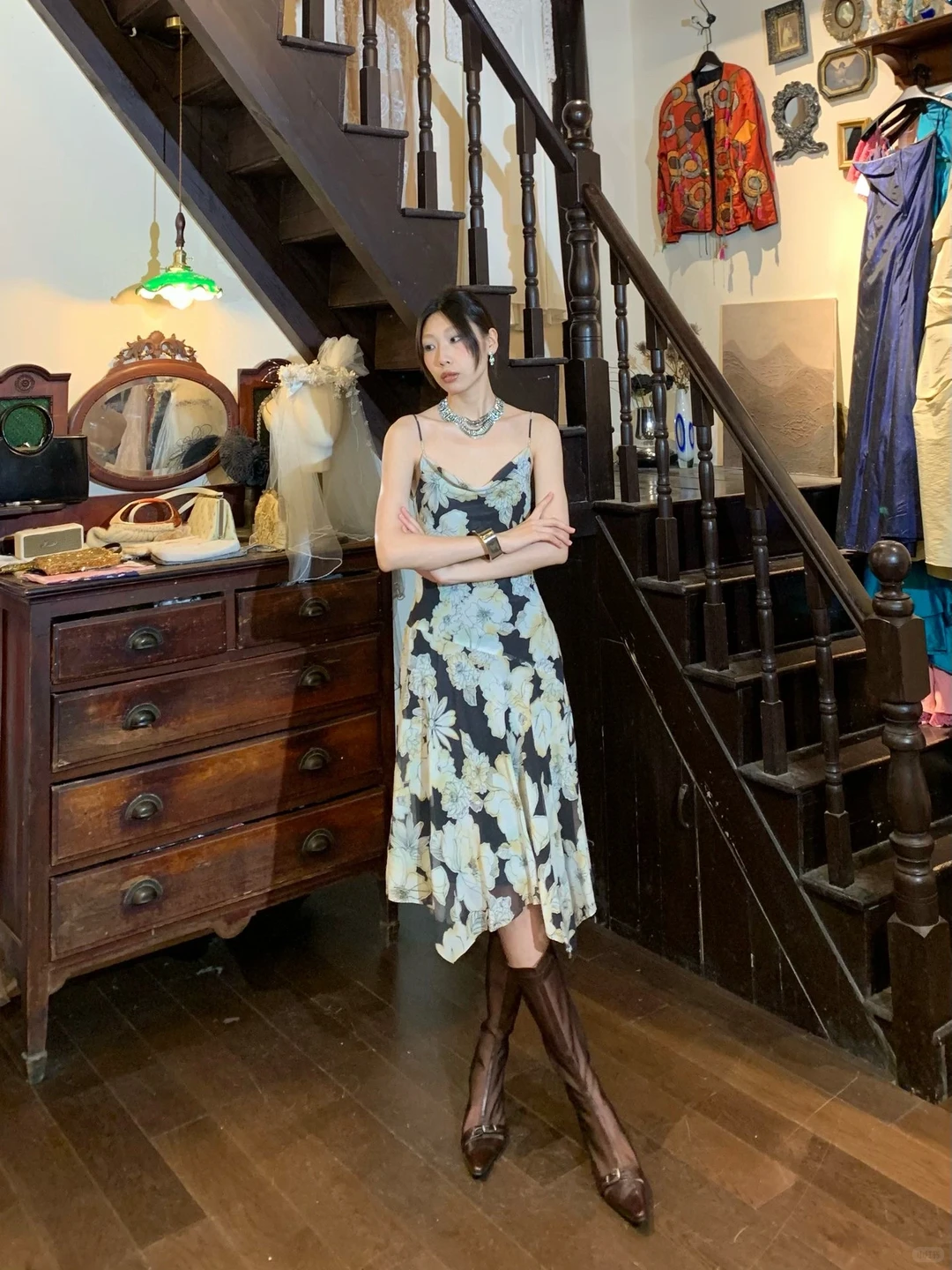 Cowl Neck Black Floral Chiffon Evening Dress, Spaghetti Strap Irregular Hem Vintage Midi Formal Gown gh9888