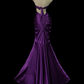 Violet Satin Mermaid Evening Gown, Halter Deep‑V Neck Backless, Front Vertical Ruched Waist, Fitted Silhouette, Draped Satin Floor‑Length Mermaid Skirt, Retro Elegant Prom Photoshoot Party Dress gh8868