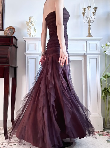 Wine‑Brown Vintage Strapless Sweetheart Prom Gown, Exquisite Rhinestone Applique On Bust, Ruched Tulle Bodice & Waist, Irregular Layered Ruffled Tulle Mermaid Floor‑Length Evening Dress gh8822