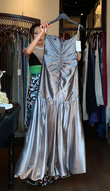 Strapless Square Neck Metallic Gray Satin Ruched A Line Long Evening Prom Dress gh9770