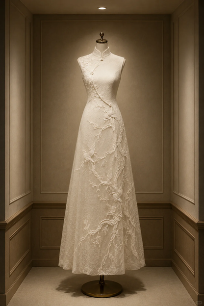 ✨Girlhomeshops-Ivory Bird and Branch 3D Lace Sleeveless A-line Qipao Cheongsam gh10401