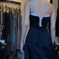 Strapless Black Satin Evening Gown White Floral Embroidery Contrast Liner Front Slit Vintage Long Prom Dress gh9700