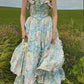 Robe de soirée longue en mousseline de soie, élégante et délicate, à volants, motif floral bleu, robe de bal, robe de soirée, robe d'invitée de mariage, robe d'anniversaire/de fête de jardin, robe de bal gh4089