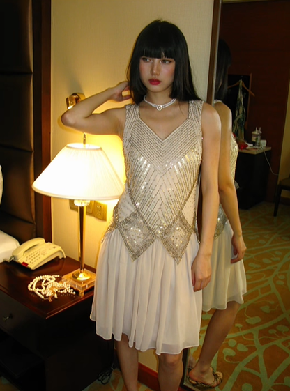 Light Apricot V-Neck Sequin Vintage Elegant Prom Gown, Evening Party Dress gh8360