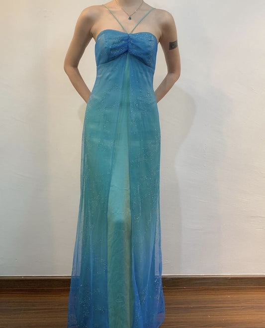 Girlhomeshops - Robe de bal longue en tulle bleu brillant à bretelles, longueur au sol, robe de remise de diplôme gh5516