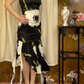 Black Vintage White Print Strapless Fitted Waist Slim Irregular Hem Long Prom & Evening Party Dress gh8407