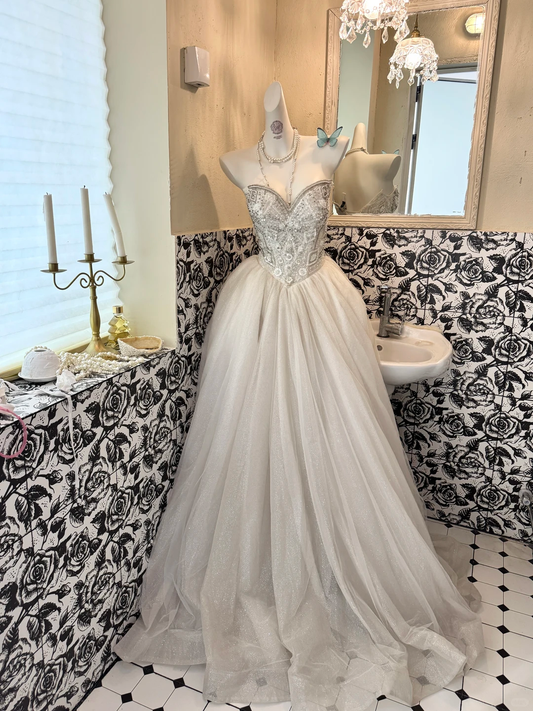 Ivory Strapless Exquisitely Beaded Waist-Cinched Full Flared Long Romantic Dress, Wedding Gown gh7589