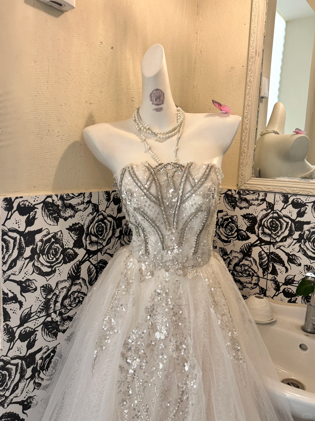 Ivory Gown with Silver Decorations, Strapless Waist-Cinched Voluminous Skirt Luxury Romantic Dress, Wedding Gown gh7682