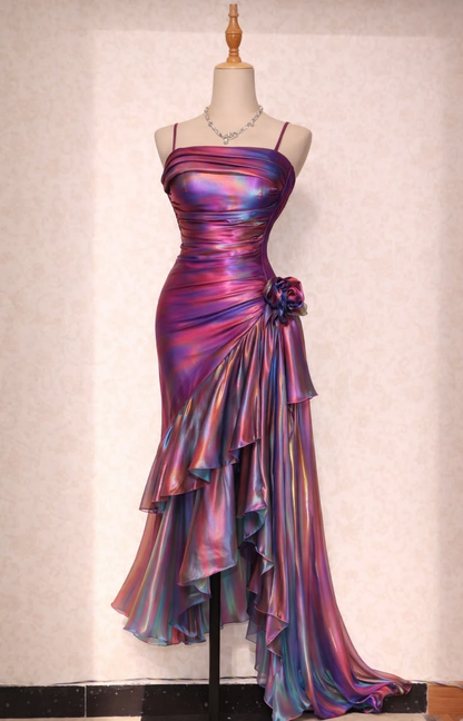 ✨Girlhomeshops-Holographic Purple 3D Flower Asymmetrical Ruffle Mermaid Formal Gown gh10245
